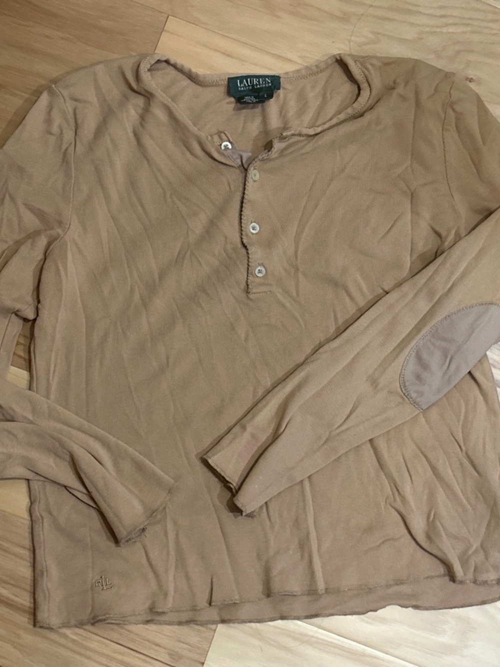 Lauren Ralph Lauren Henley Style Tan Elbow Patch Long Sleeve Top